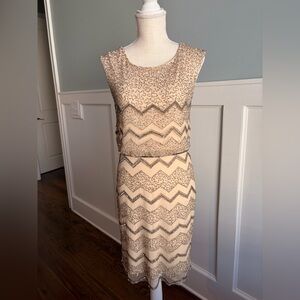 Adrianna Papell Beaded Champagne and Gold Chevron Sheath Dress